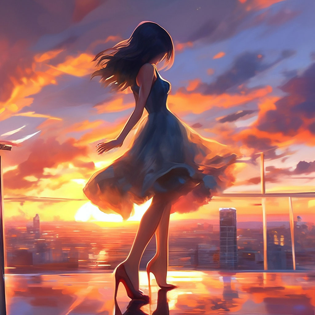 Anime girl dancing at sunset in cocktail dress with heels"  image created  in Shedevrum