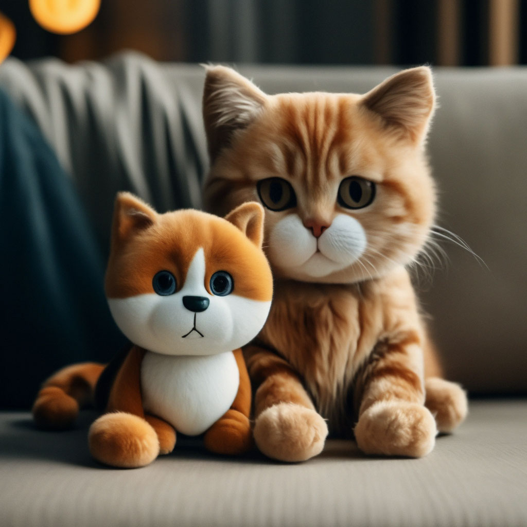 Мягкая игрушка кота лежит на диване…» — создано в Шедевруме