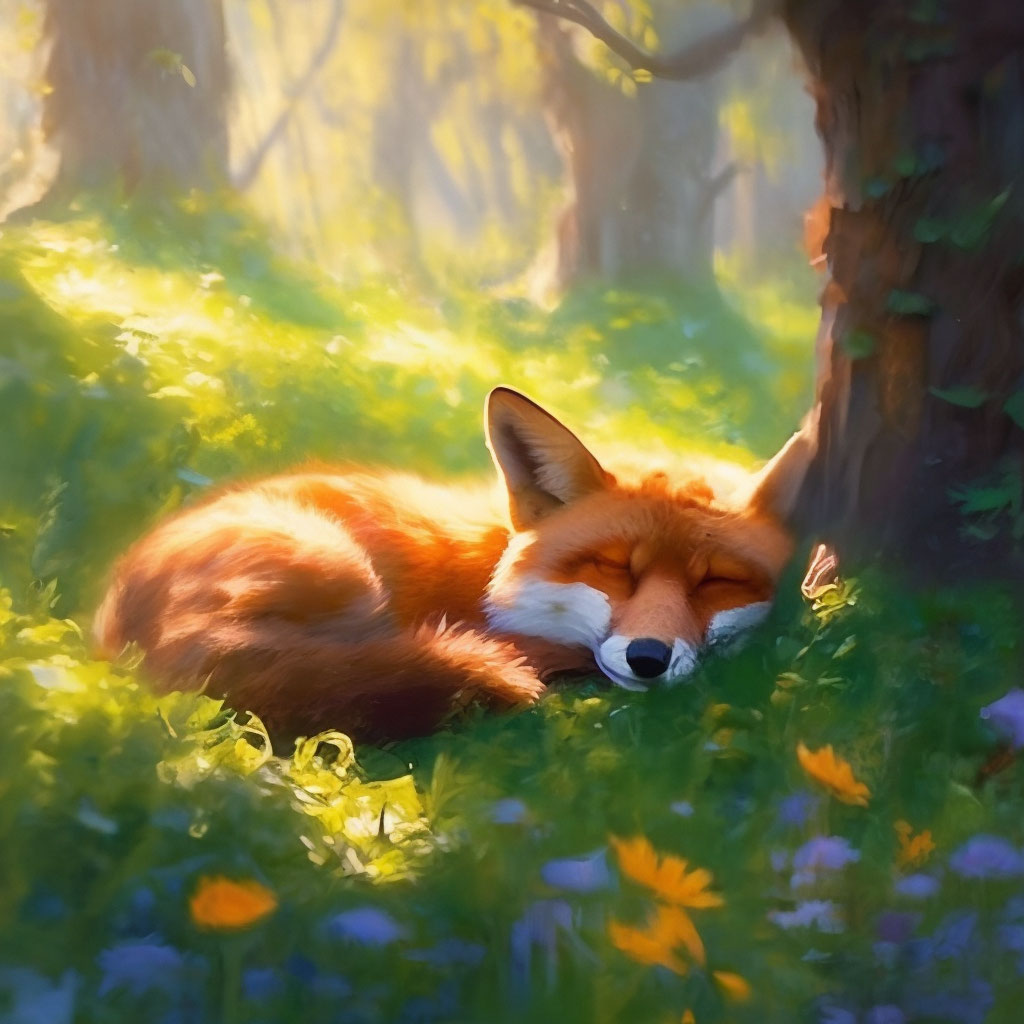 Лиса красивая спит в весеннем лесу…» — создано в Шедевруме