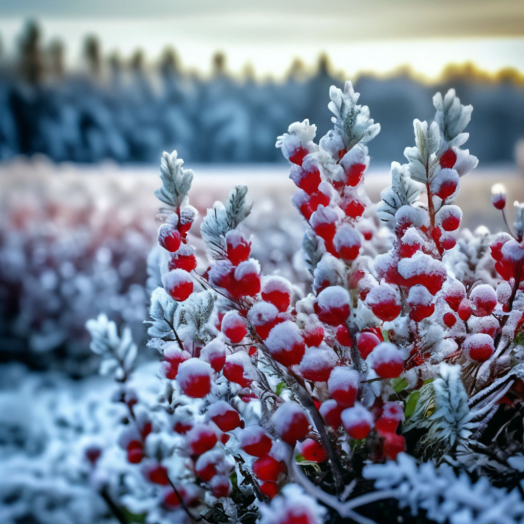 «Заморозки, куст брусники в снегу, …» — картинка создана в Шедевруме