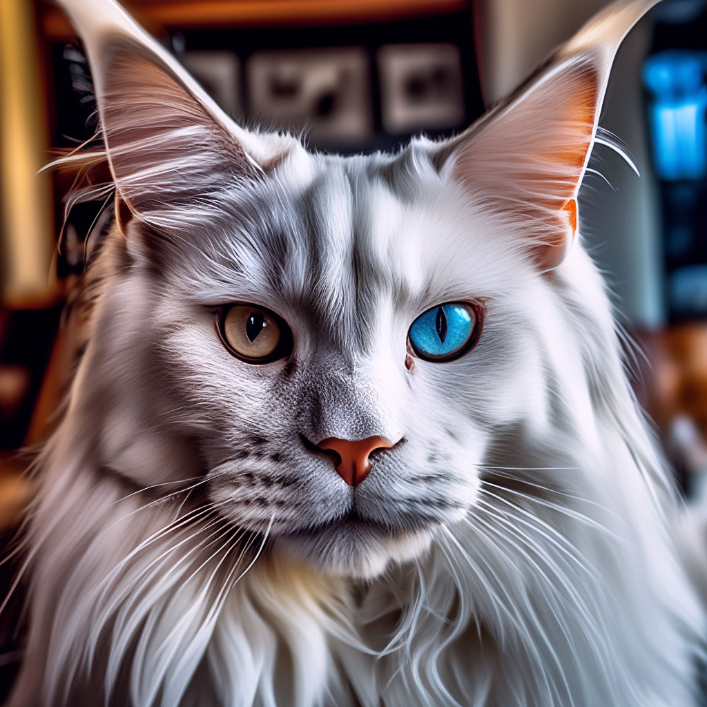 Белый кот Мейн-кун с гетерохромными…» — создано в Шедевруме