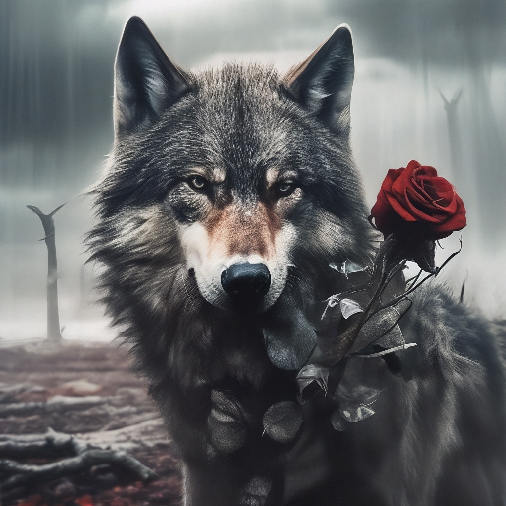 Волк с красной розой во рту — Рисунки на аву