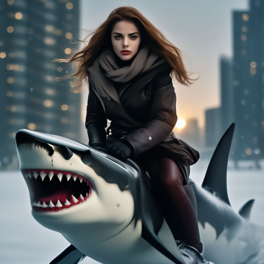 Красивая модель едет на акуле зимой» — создано в Шедевруме