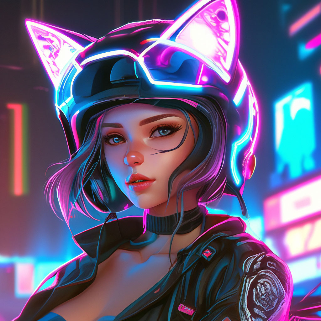 A beautiful girl. Cyberpunk. She's on a motorcycle. Helmet with  cat"  image created in Shedevrum