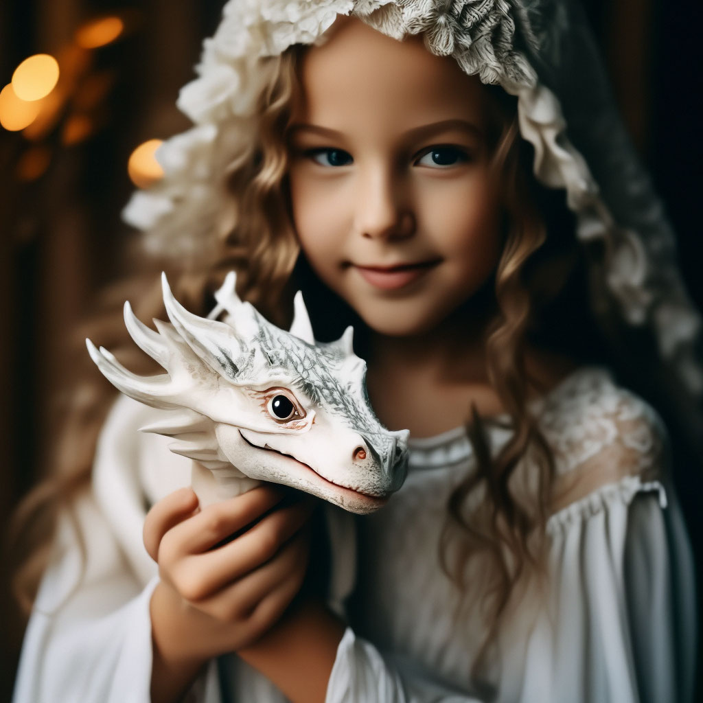 девочка держит в руках миниатюрного белого дракончика, улыбка, белые зубы, счастье, воздушное платье,чепчик, богема, серебряный век, макродетализация, карандашный…