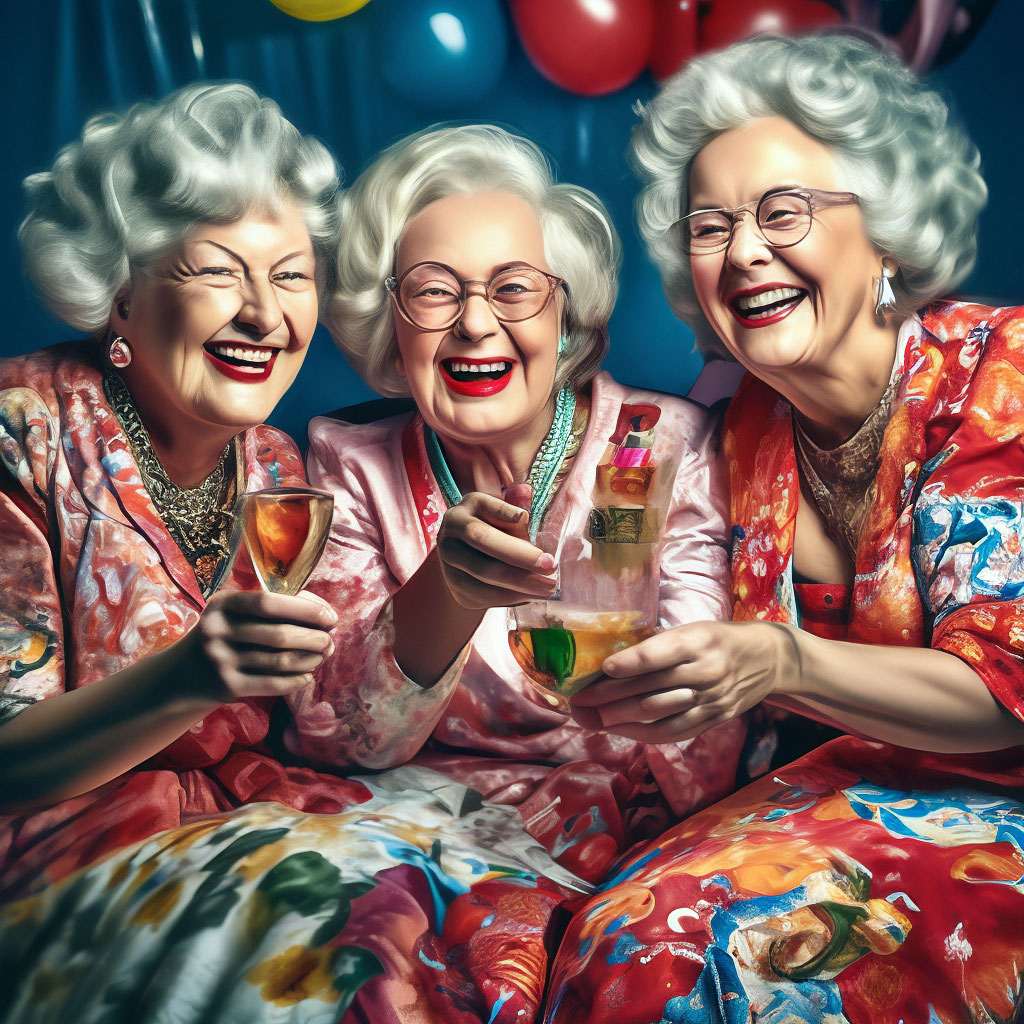 Three old ladies having fun"  image created in Shedevrum