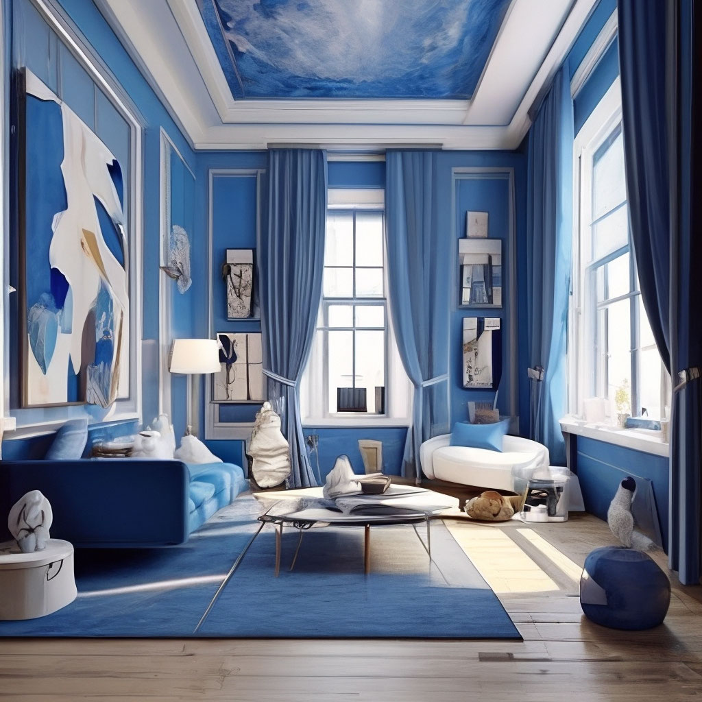 Бело-синяя гостиная: необычные идеи и типовые решения