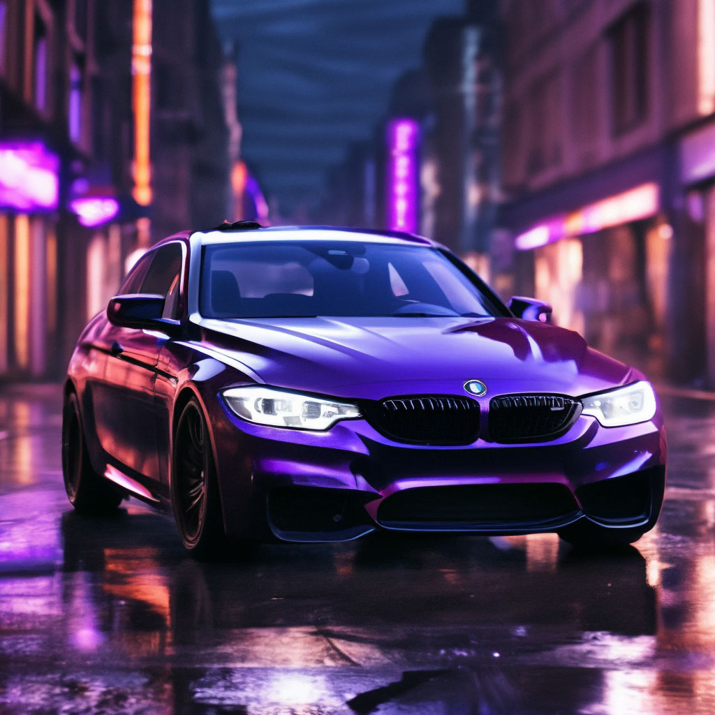 Neon purple stile,black car BMW, town,moon,4k… | Бобр» — Шедеврум