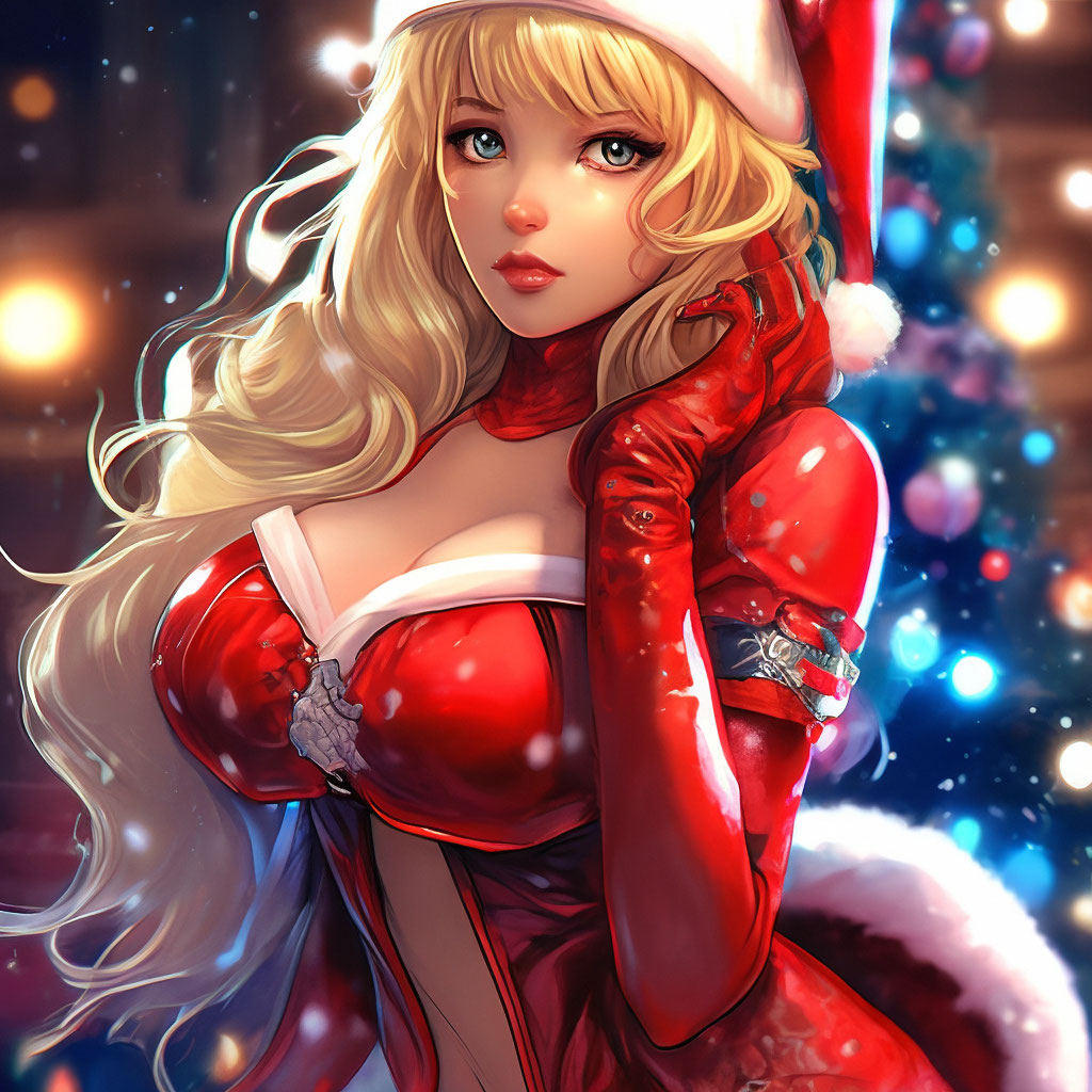 beautiful blonde girl, in red lingerie, on the background of a Christmas  "  image created in Shedevrum