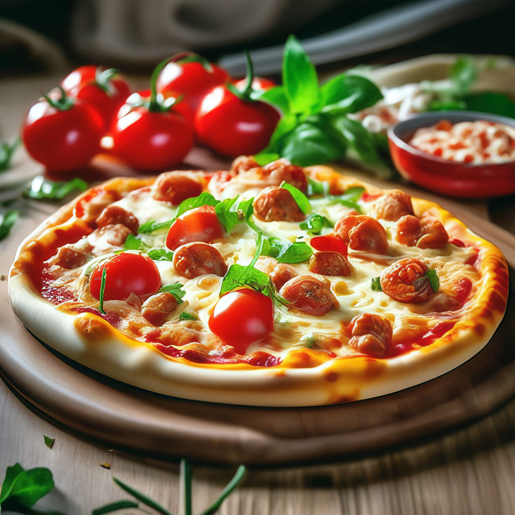 Пицца с колбасой, луком, помидорами и сыром