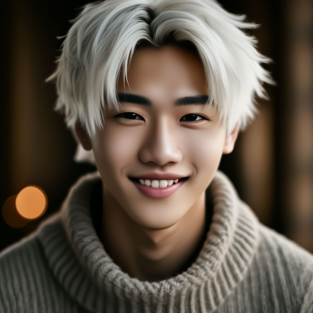 A young Asian guy with white hair, …