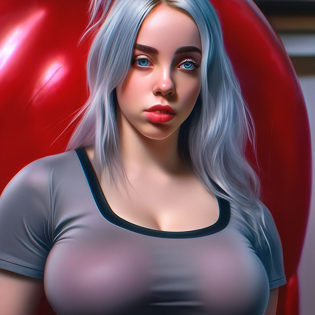 "Chic, fit, curvy Billie Eilish with a giant bust, buxom, beautifu...