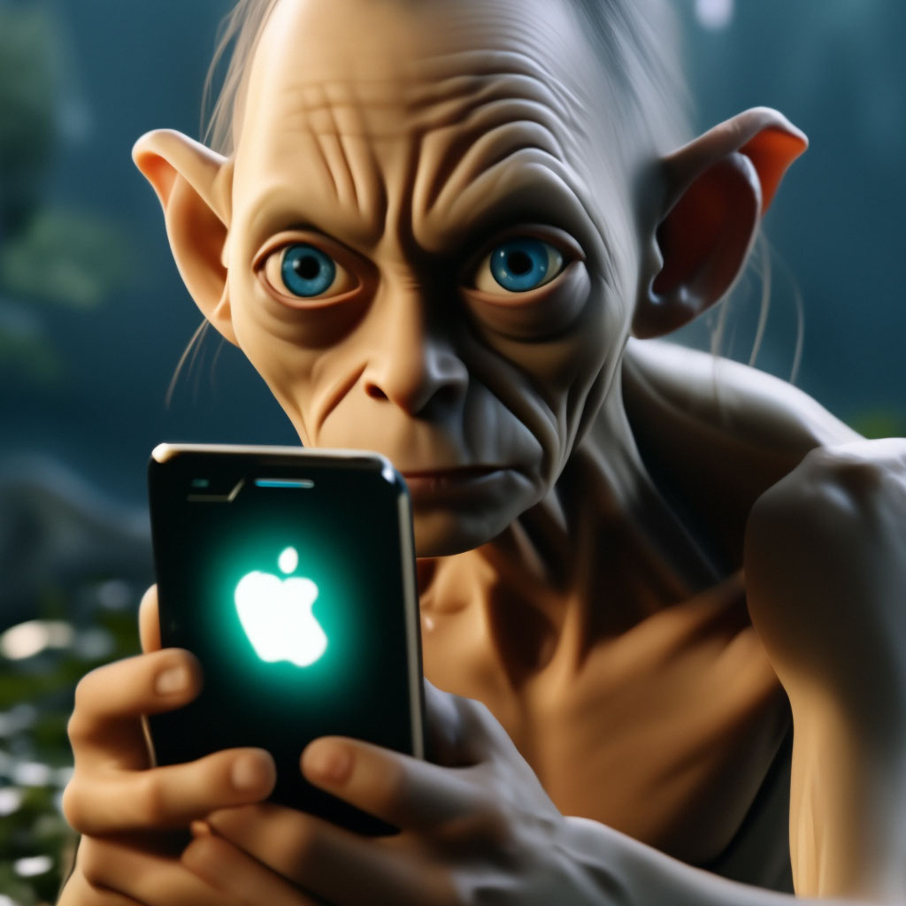 «Моя прелесть! на айфоне светится логотип Apple, вид сбоку, Голлум ...