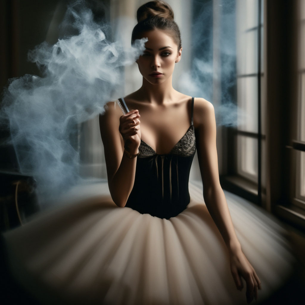 ballerina smoking cigarette A ballerina nervously smokes in a pack of cigarettes full-length photo
