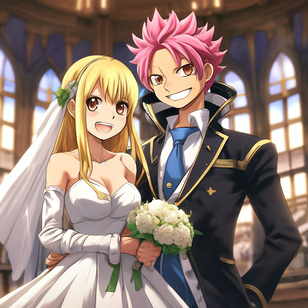 Lucy Hartfilia in a wedding dress and Natsu Dragneel in a wedding suit and  smiling happily, anime, high detail