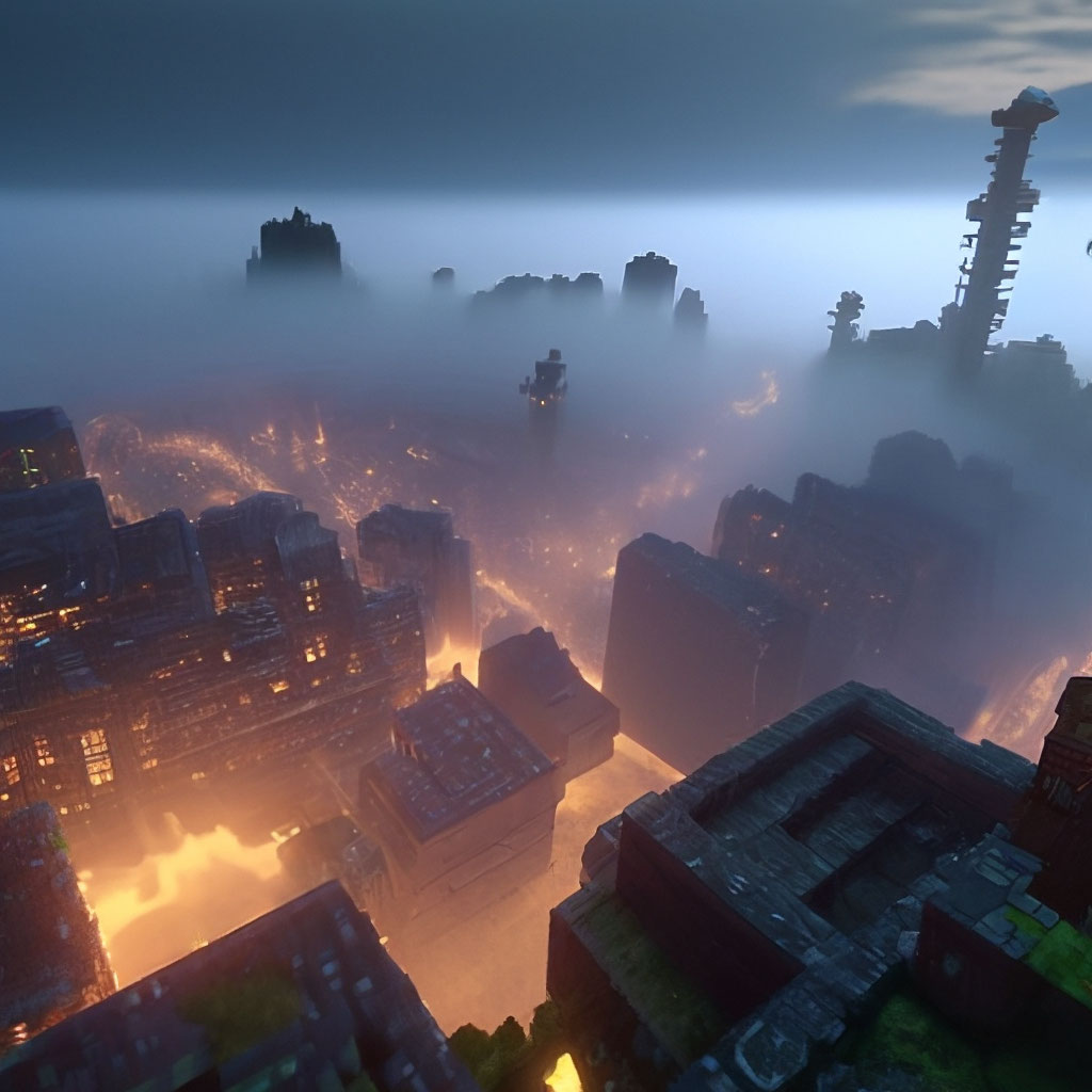 Minecraft, a ruined dark city in the …