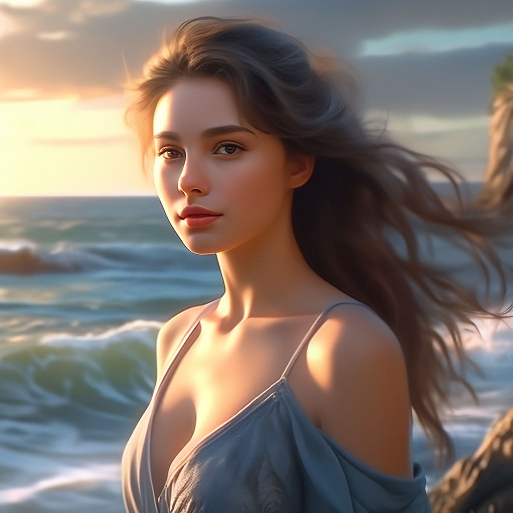 Красивая девушка на берегу моря, 4к…» — создано в Шедевруме