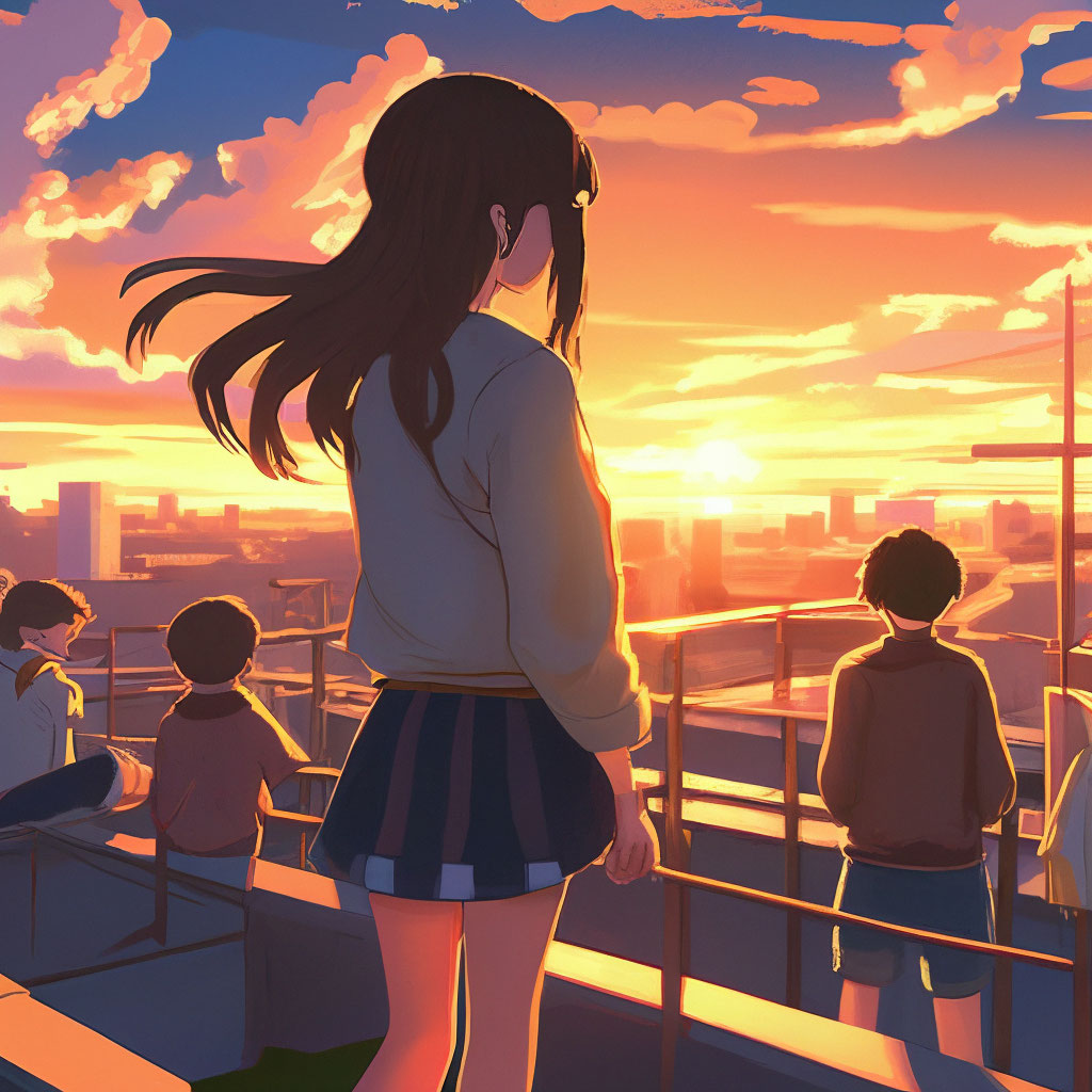 Аниме девочка на крыше школы, днё…» — создано в Шедевруме