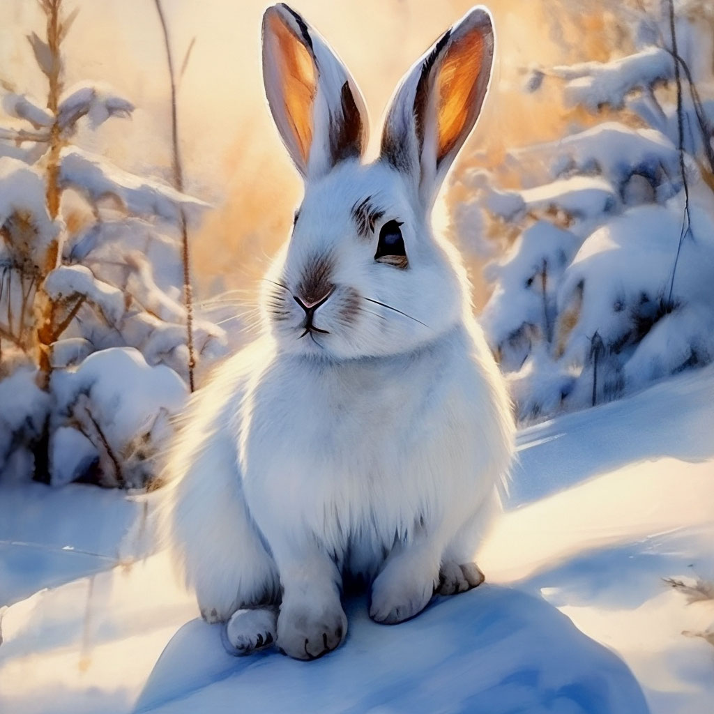 Белый зайчик зимой на снегу, …» — создано в Шедевруме