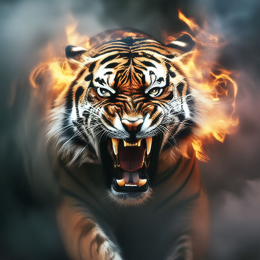 Тигр в ярости, языки плямяни, дым…» — создано в Шедевруме