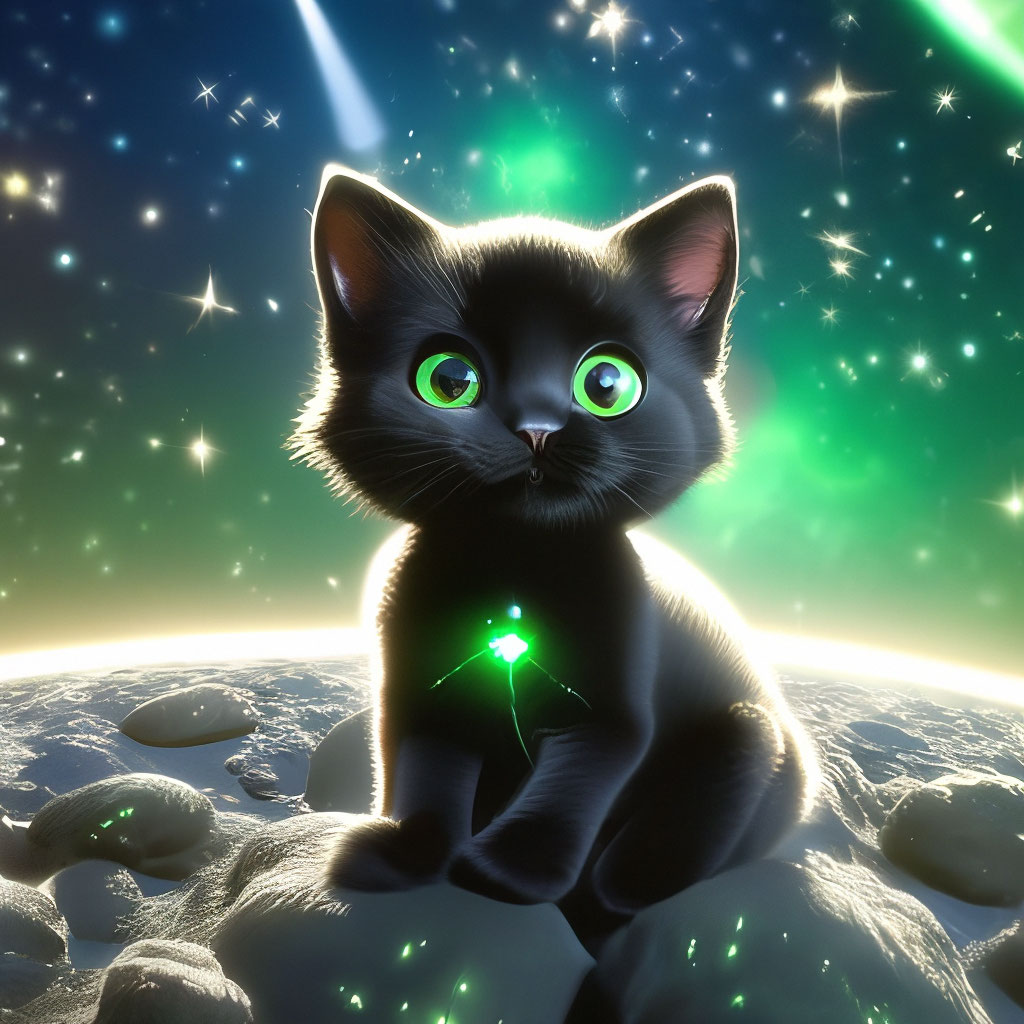 Реалистичный черный кот с зелёными…» — создано в Шедевруме