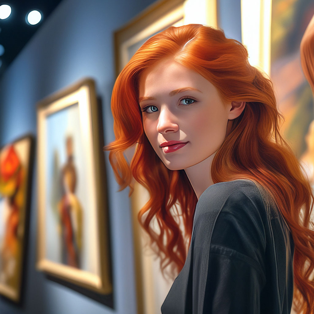 Выставка картин, портрет девушки, …» — создано в Шедевруме