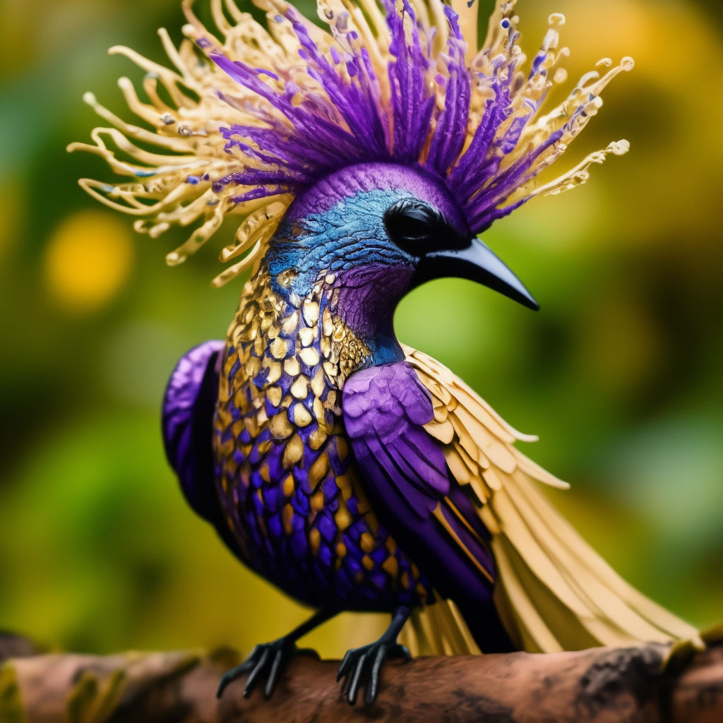 A cute golden-purple bird with long …" — image created in Shedevrum