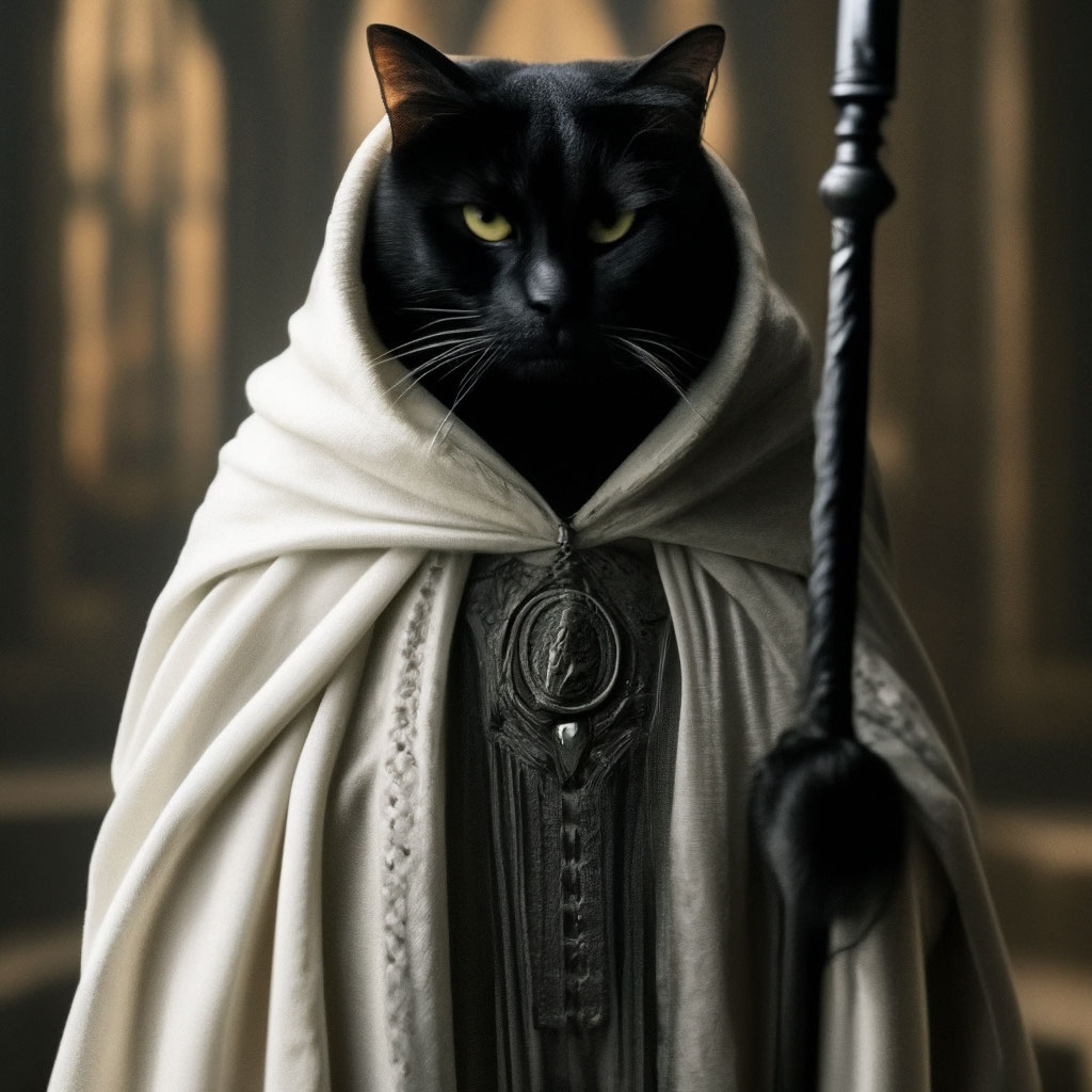 A fat black cat in a white Saruman … — image created in Shedevrum