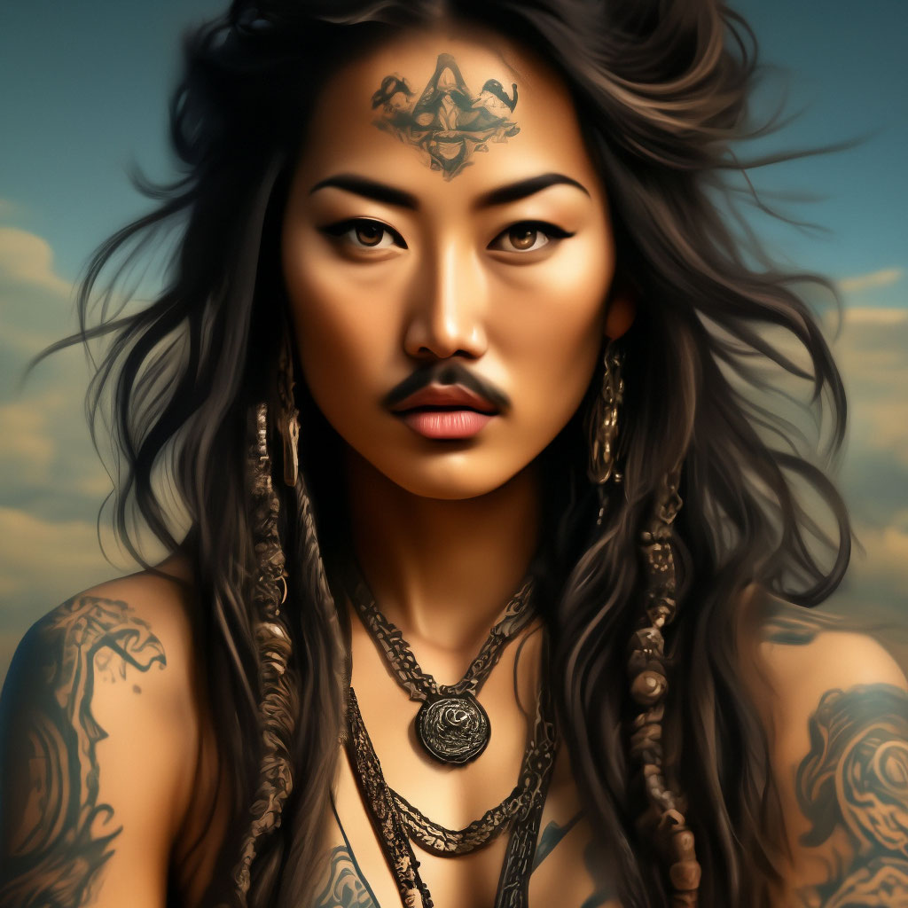 Усатая красивая женщина. Азиатка. …» — создано в Шедевруме