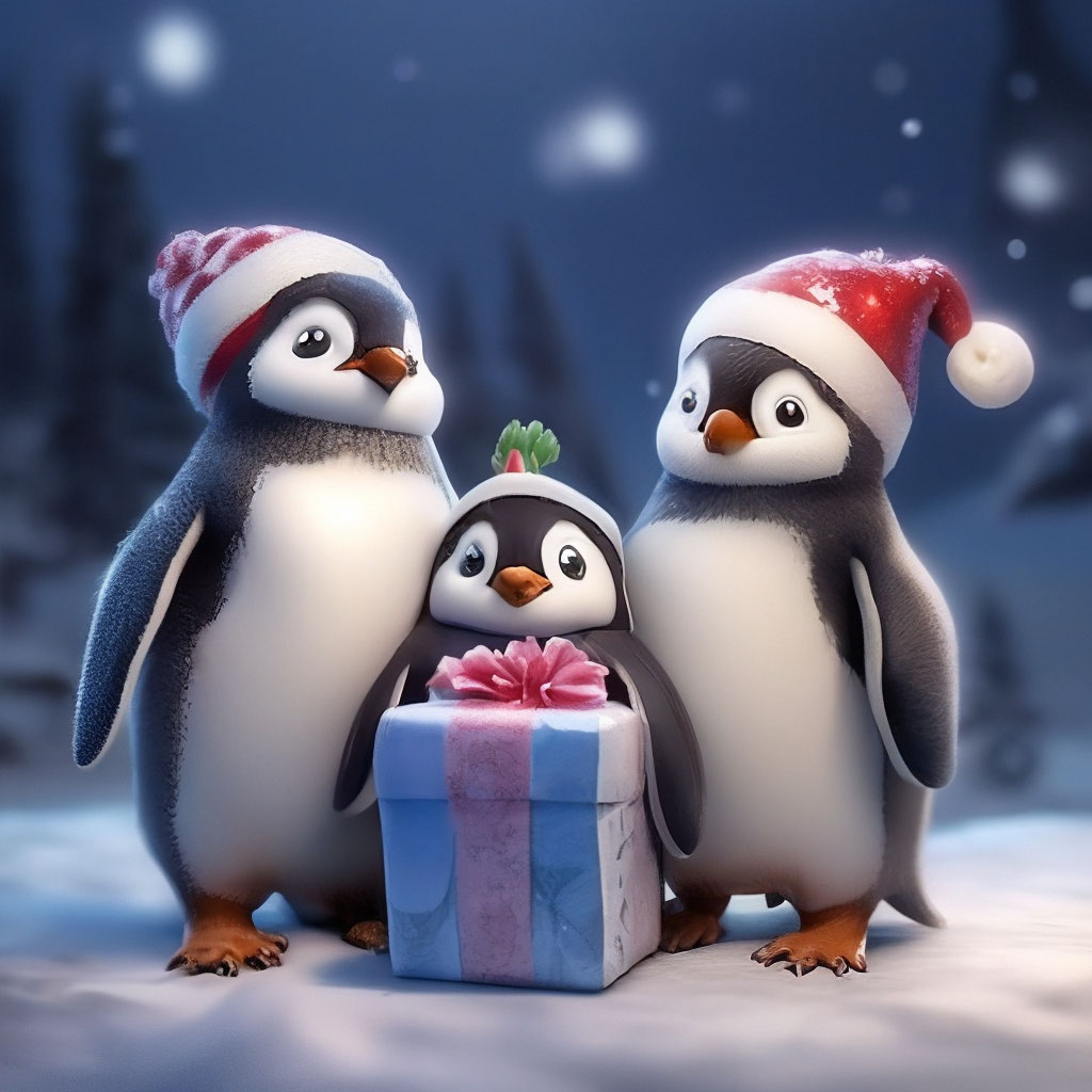 Три пингвина дарят подарки, мило, …» — создано в Шедевруме
