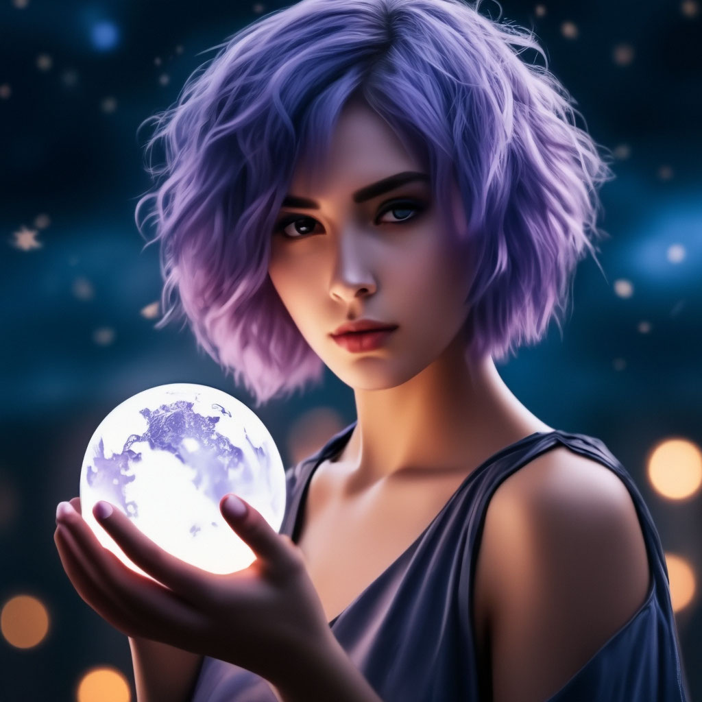ночь, звезды, огоньки, невероятно красивая девочка с короткой стрижкой и сиреневыми волосами держит луну в руке, загадочный свет, волшебство, дымка, рисунок, …