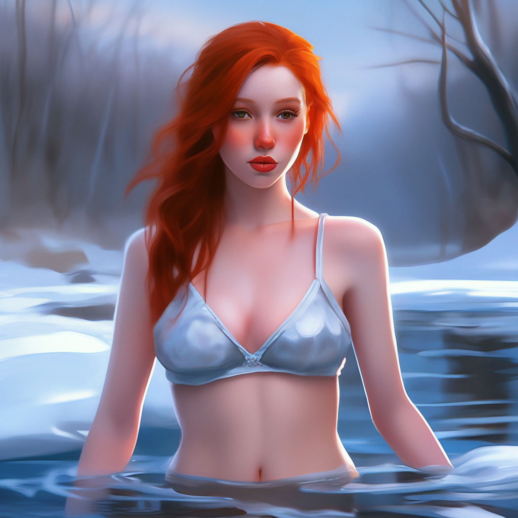 рыжая с плоской грудью Рыжая, 18 лет, в реке, зима, без купального костюма, лёд вместо ткани, …» —  картинка создана в Шедевруме