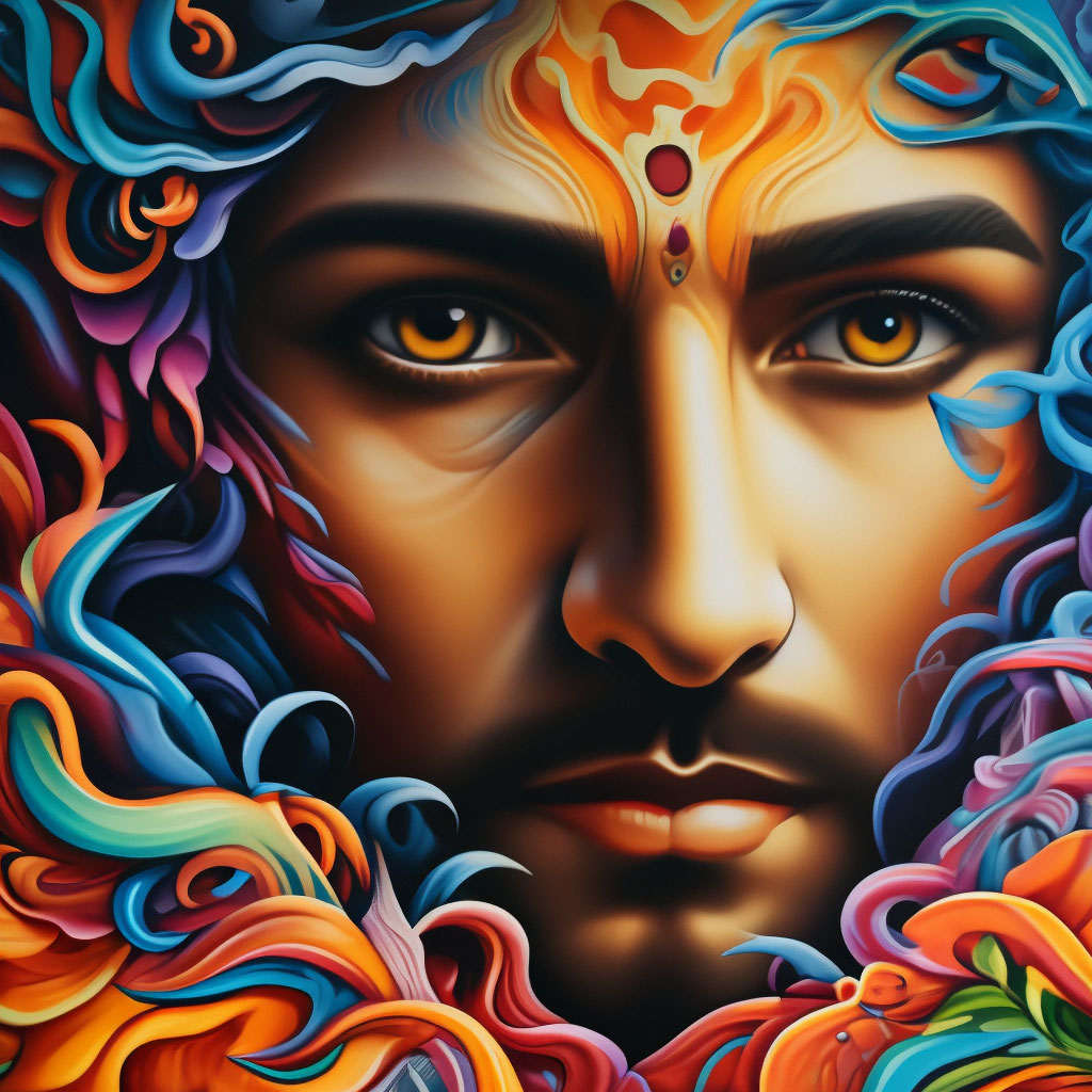 «A close up of a painting of a man's face, android jones and chris dyer ...