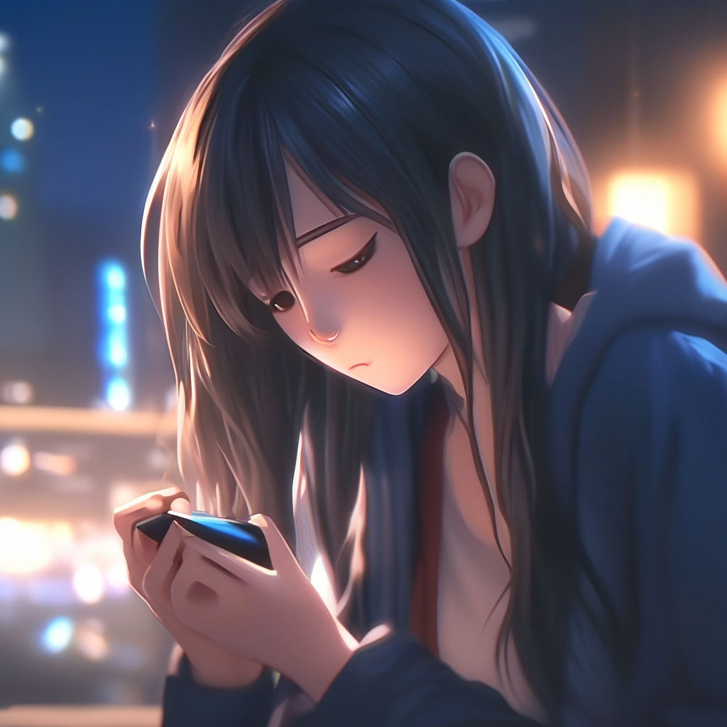 Anime girl looks at the phone and cries ,sadness,pain,betrayal , 4k, high  resolution, hyper detail, ISO 100,anime …" — image created in Shedevrum