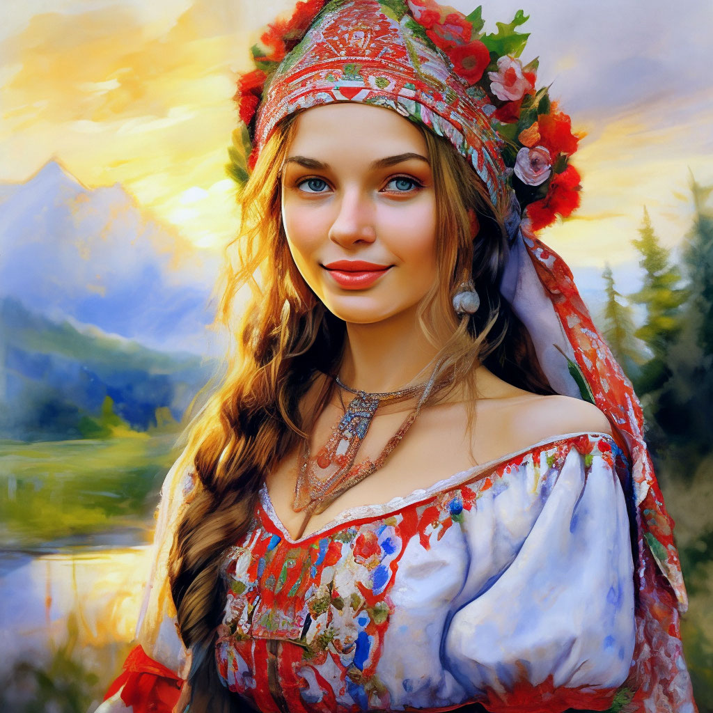 Красивая славянская девушка с длинными темными волосами и карими глазами в сером вышитом костюме