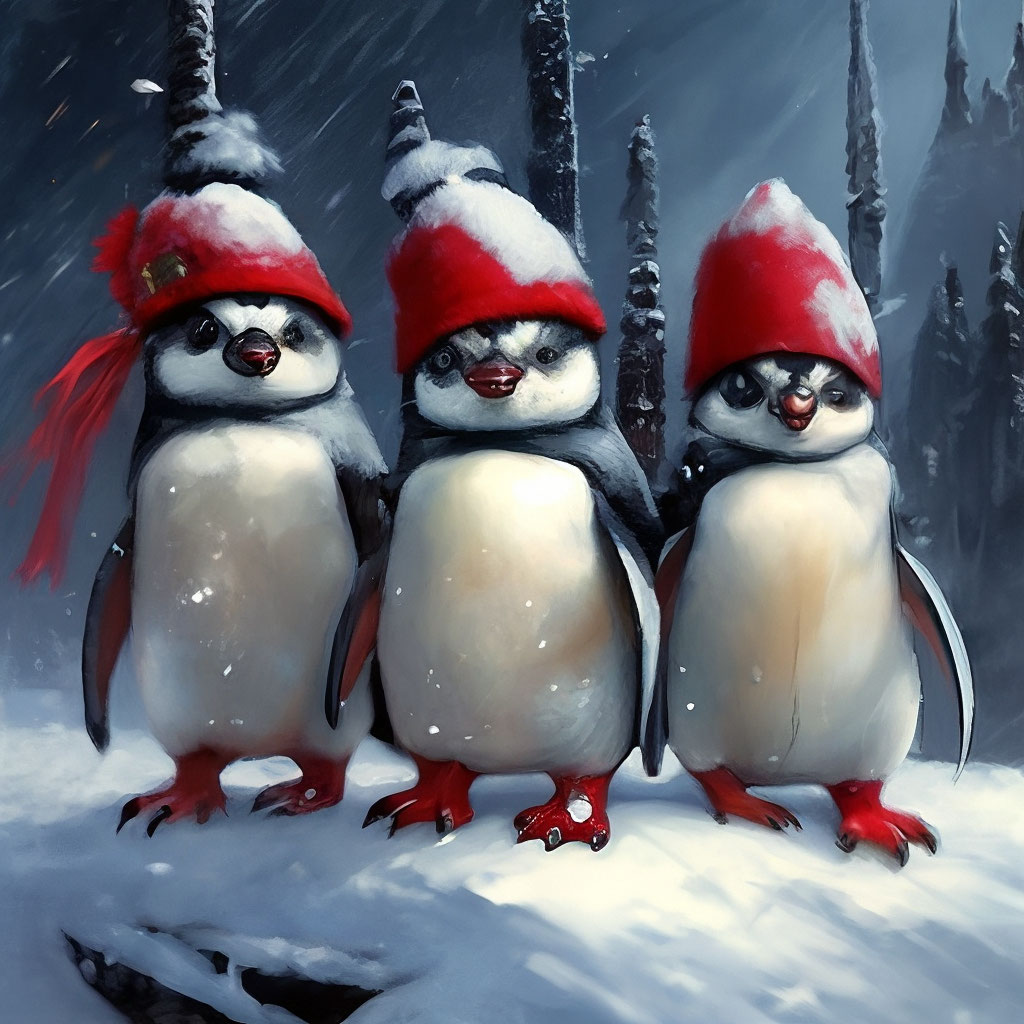 Три пингвина в красных зимних …» — создано в Шедевруме