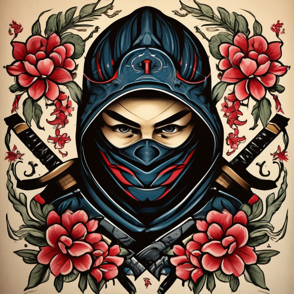 Ninja, japanese ornament, fully framed, vector, tattoo art