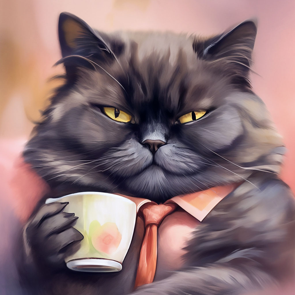Ugh...Tired...Work again. Cute fluffy black cat,sleepy,wearing a tie,holding  a cup of coffee,dissatisfied,tired, "  image created in Shedevrum