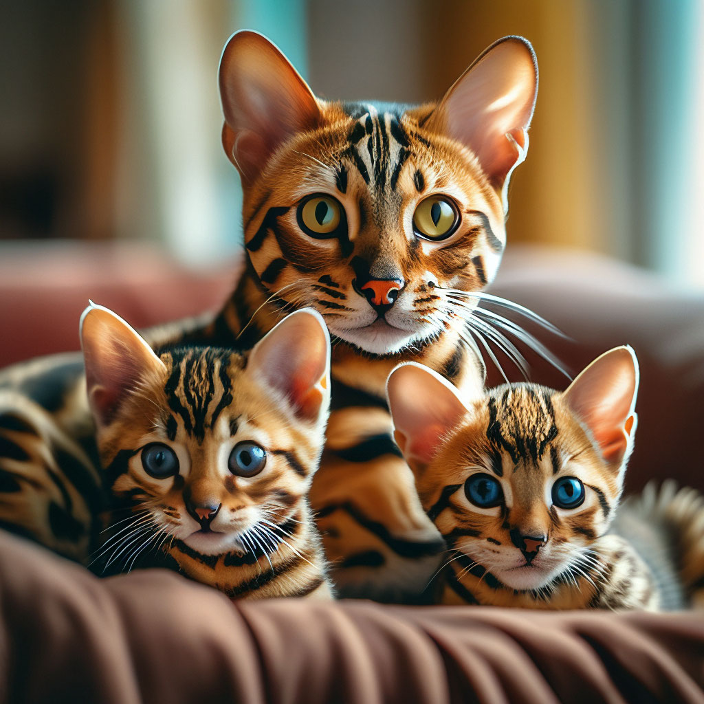 Бенгальская кошка и три котенка, …» — создано в Шедевруме