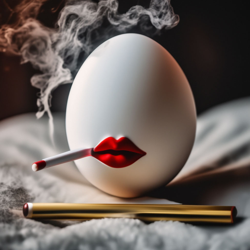 cigarette on egg An egg with a red thong painted on it is lying in bed and smoking a  cigarette, the egg has a contented look and red…