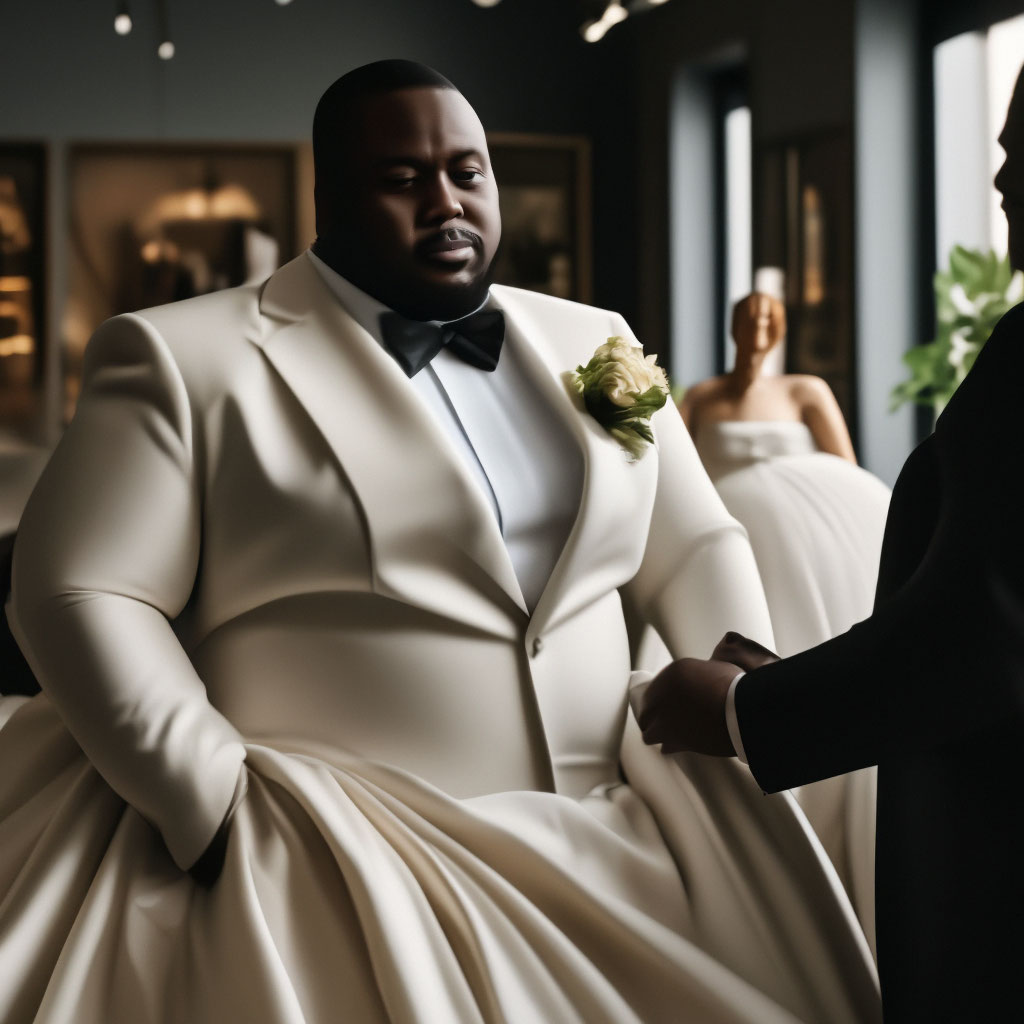 A fat black man chooses a wedding image created in Shedevrum