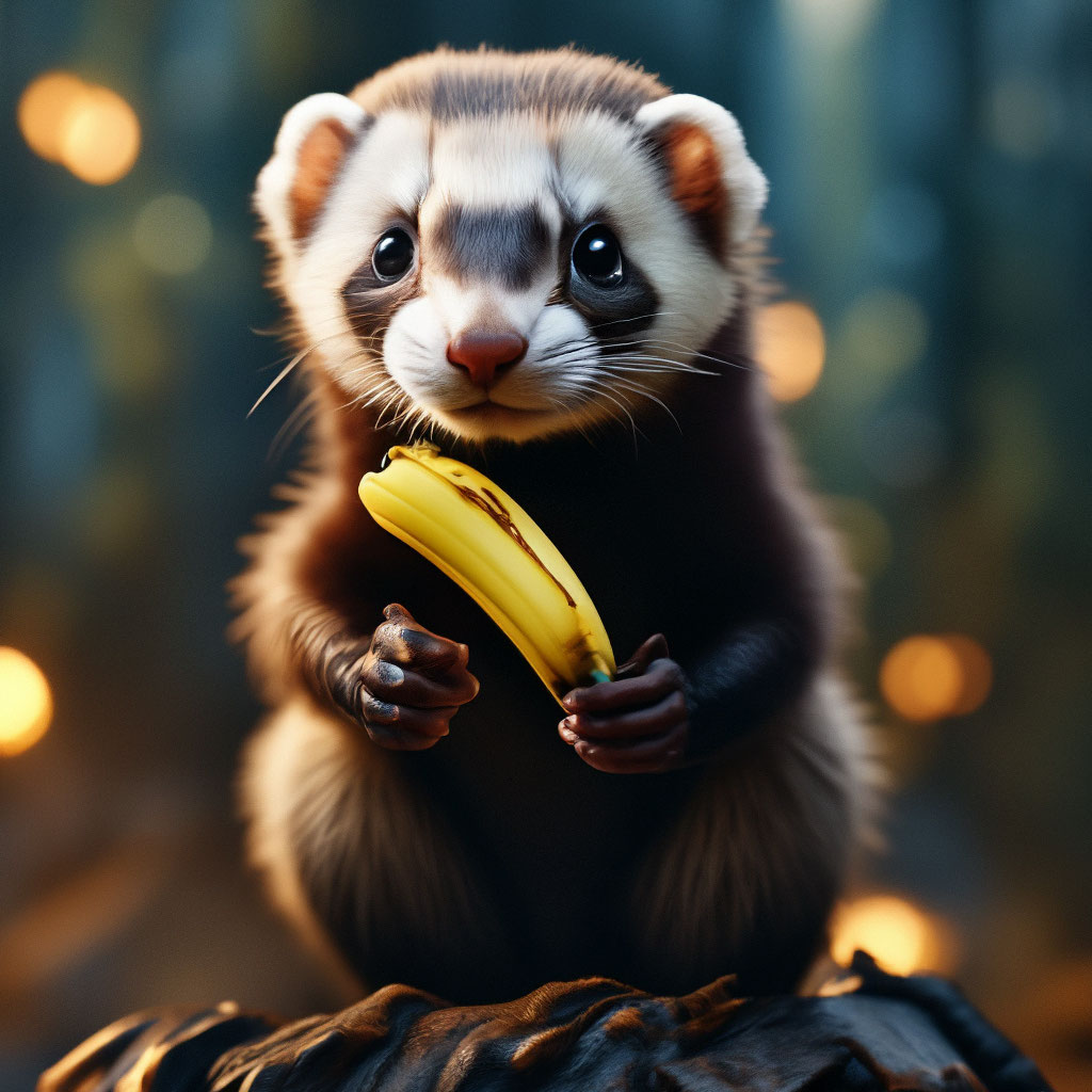 Хорек , фото, реалистично, ест банан…» — создано в Шедевруме