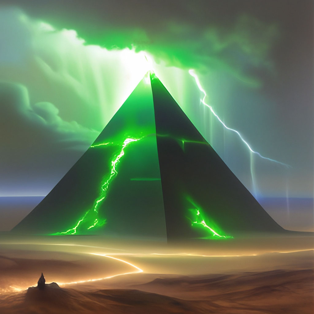 Пирамида из чёрного металла по среди серой пустыни, зелёное ...