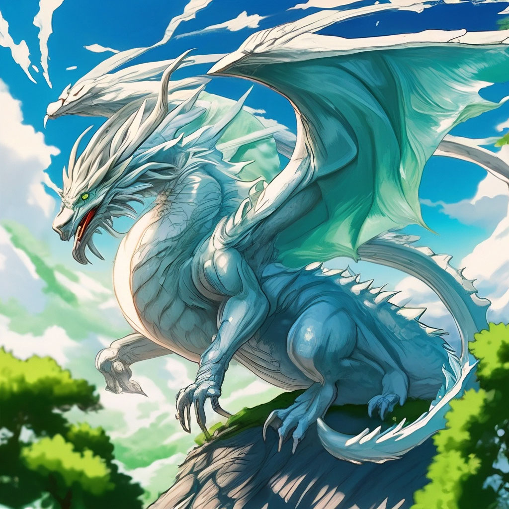 Illustration blue, silver dragon , in the sky, light green leaves, top vie