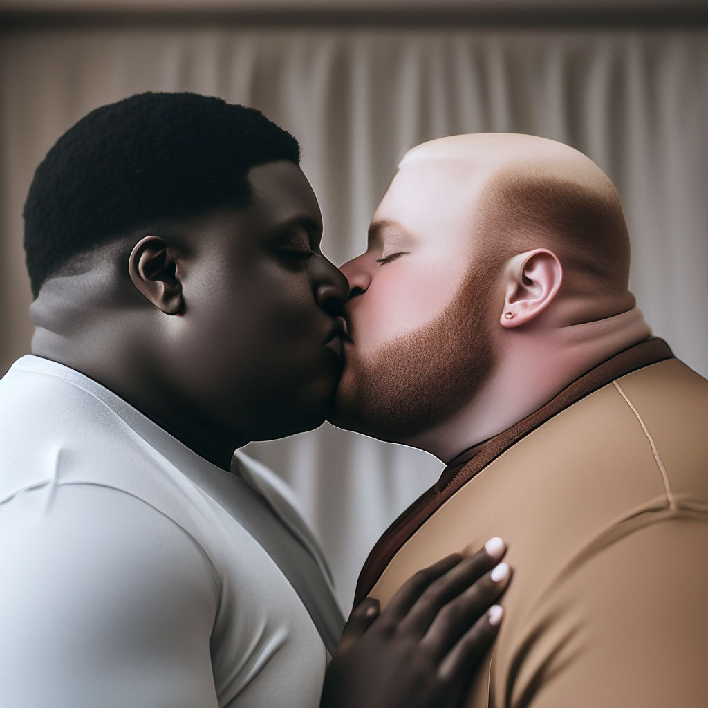 Жирний мужик негр поцеловал белого …» — создано в Шедевруме