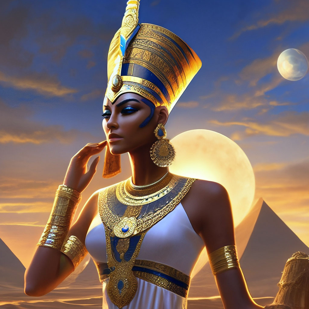 The beautiful queen of Egypt Nefertiti in a light and gold dress in an  Egyptian landscape, ritual dance in the days"  image created in Shedevrum