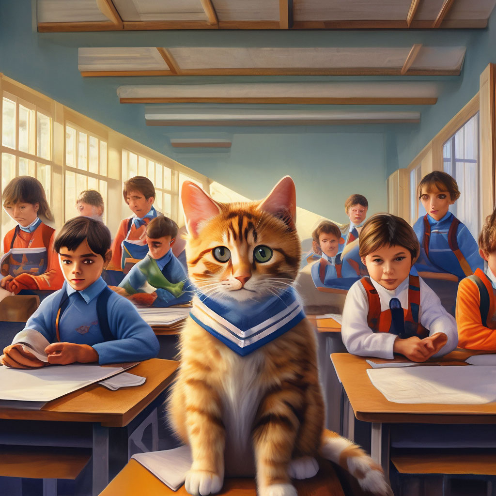 Кот в школе среди людей» — картинка создана в Шедевруме