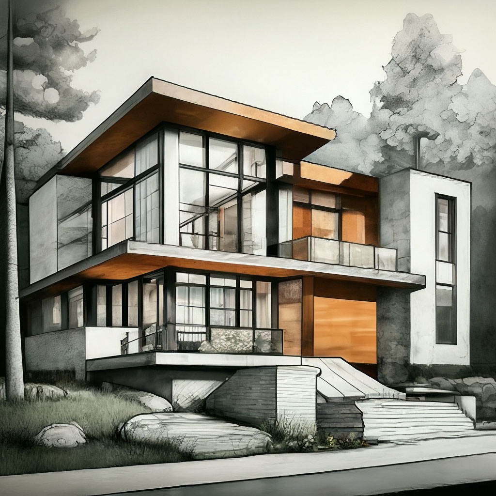 Modern House Drawing Sketch With Color Pin On Work