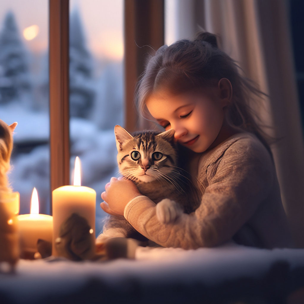 свечи на столе, девушка и кот, любовь, обьятия, нежность, клечтатый поед, кот у окна, уют, снег за окном, рождественская ель, гиперреализм, детализация, …