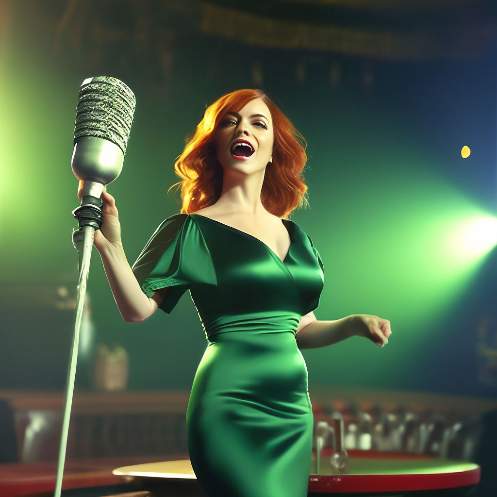 Retro, Christina Hendricks singing in an vintage microphone on a stand,  deep"  image created in Shedevrum